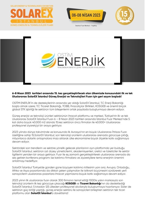 SolarEX İstanbul Güneş Enerjisi ve Teknolojileri Fuarı için geri sayım başladı